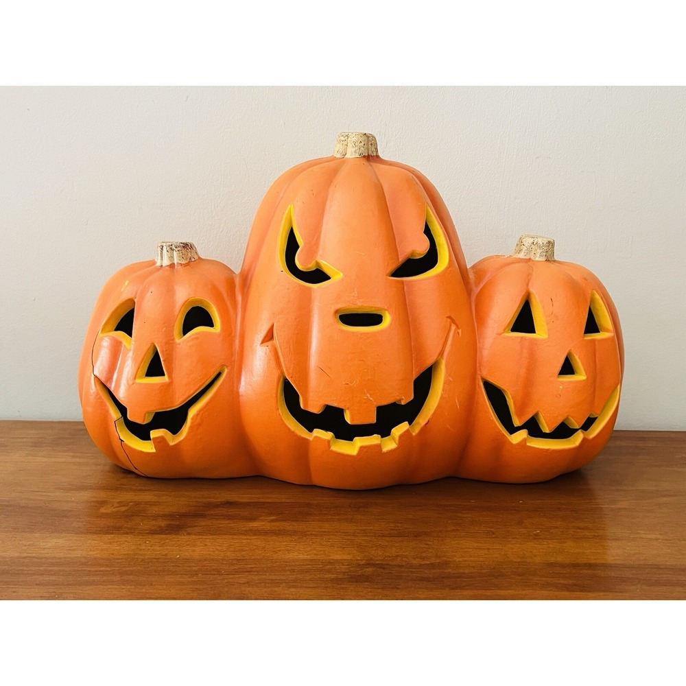 Three Faced Halloween Pumpkin Light Up Plastic Foam triple Jack O Lantern Trio